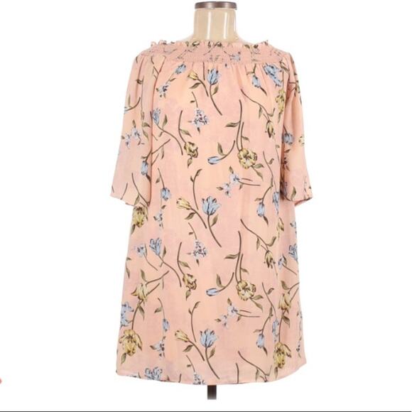 DR2 Pink Floral Off Shoulder Short Sleeve Mini Dress Womens XS Smocked Boho - Picture 1 of 7